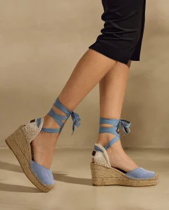 Mujer Vidorreta Sandalias Cuña|Campesina pico en serraje jeans Tilo 5